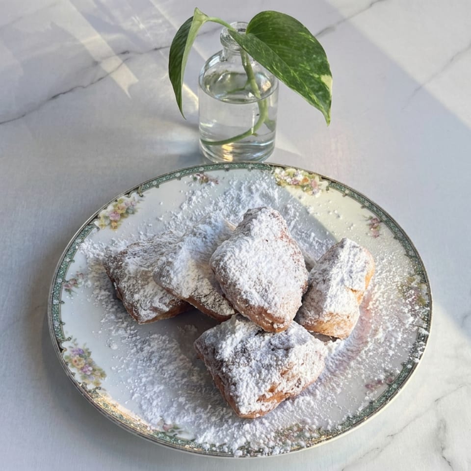 Powdered sugar-dusted pastries arranged on a vintage floral plate beside a small vase of leafy greenery.