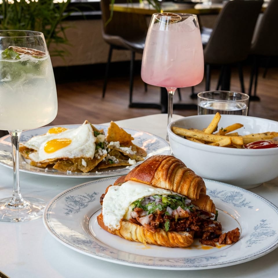Restaurant table displays a stuffed croissant sandwich, fries, nachos topped with fried eggs, and two colorful drinks.