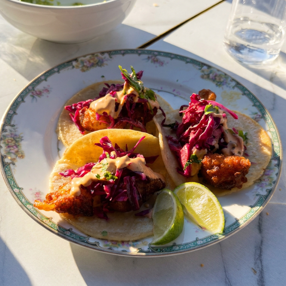 Three crispy fish tacos topped with purple cabbage, creamy sauce, and herbs on a decorative plate with lime wedges.