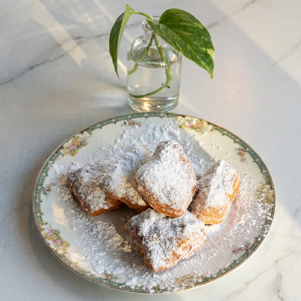 Powdered sugar-coated pastries arranged on a vintage floral plate beside a small glass vase with leafy green cuttings.