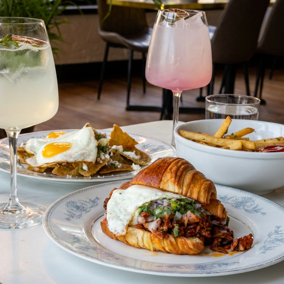 Restaurant table with a filled croissant sandwich, egg-topped nachos, fries, sparkling drinks, and water glasses.